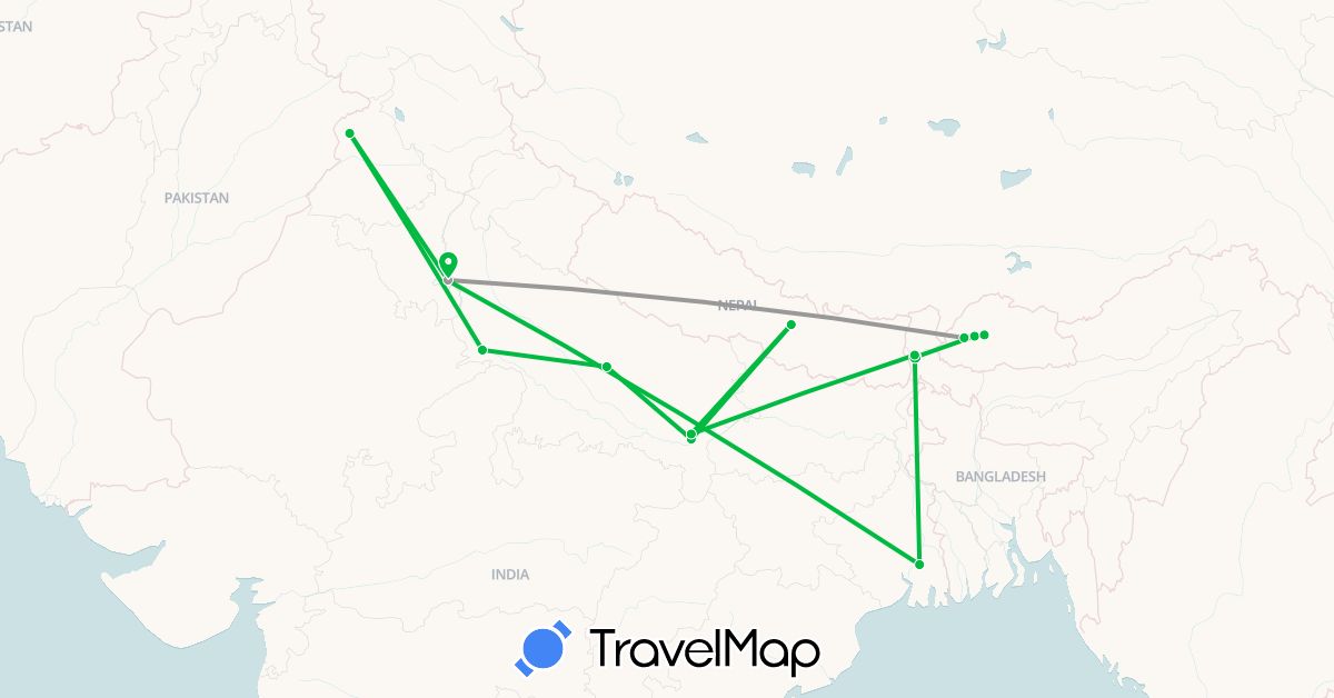 TravelMap itinerary: bus, plane in Bhutan, India, Nepal (Asia)