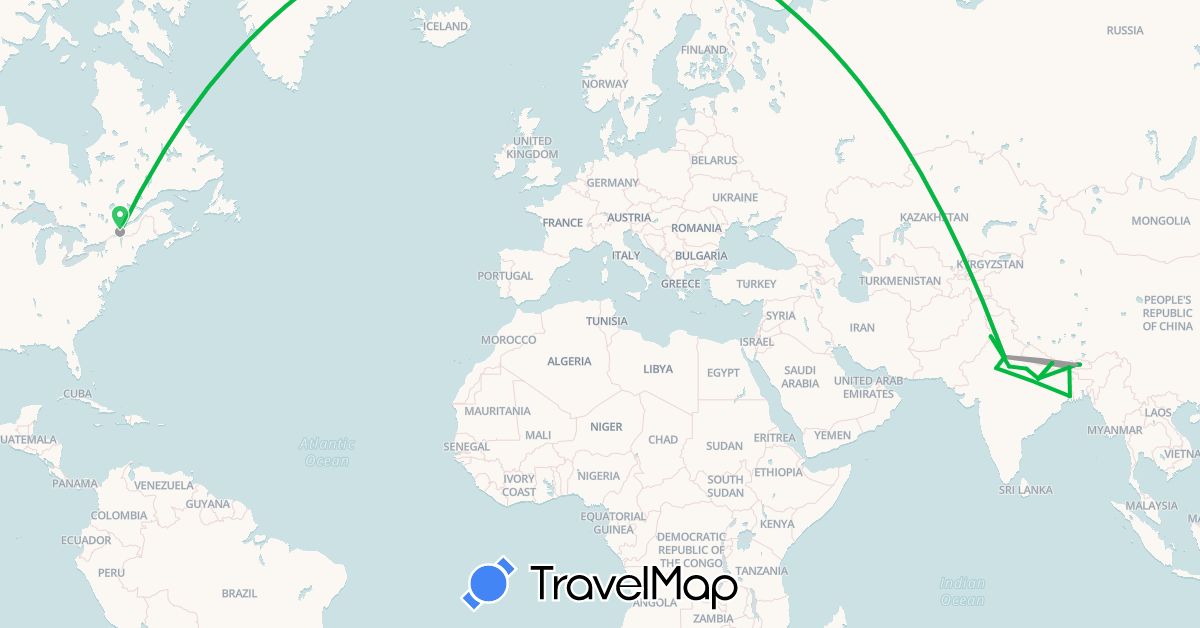 TravelMap itinerary: driving, bus, plane in Bhutan, Canada, India, Nepal (Asia, North America)